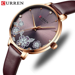 CURREN 9068 Brand Women Watch Fashion Flower Dial Quartz Ladies Leather Wristwatch Elegant Gift Lady Watche WITH ORIGNAL GIFT BOX - BROWN