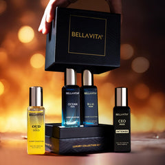 BellaVita Luxury Eau De Parfum Gift Set for Men | Includes OUD Gold, Ocean, B.L.U, & CEO Man Perfume | Long-Lasting Fragrance | Mens Perfume Set | Oud Perfume for Men | Collection Perfumes β 4 x 20ml