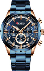 CURREN Business Quartz Men Watch 3ATM Waterproof Large Case Big Dial Luminous Wrist Watch Calendar Minute Second Chronograph 24-Hours Three Sub-Dials Wristwatch with Alloy Strap Band