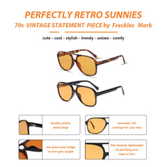 Freckles Mark Vintage Retro 70s Sunglasses for Women Men Classic Large Squared Aviator Frame UV400 Trendy Orange Glasses