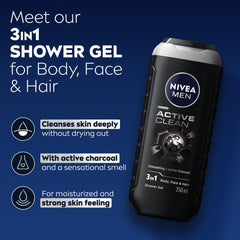 NIVEA MEN Active Clean 3in1 Shower Gel, Cleans Body, Face and Hair, with Active Charcoal, for Purified and Stimulating Skin, for All Skin Types, 250ml