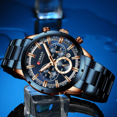 CURREN Business Quartz Men Watch 3ATM Waterproof Large Case Big Dial Luminous Wrist Watch Calendar Minute Second Chronograph 24-Hours Three Sub-Dials Wristwatch with Alloy Strap Band
