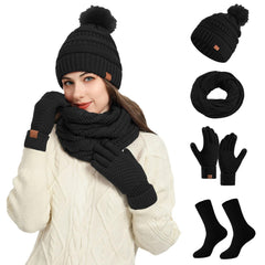Cybrixus Winter Beanie Hat Scarf Touchscreen Gloves Set Knit Thick Fleece Lined Warm T Gloves Beanie Scarf Set for Men and Women Women Winter Hats 3 Piece Warmer Set, One Size - Black