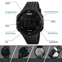 SKMEI Men’s Digital Sports Watch Military Waterproof Watches LED Screen Big Face Chronograph with Black Silicone Strap Simple Army Watches, black, 1.8*1.0*0.5 inch, sports