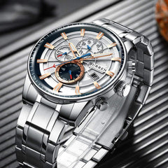 CURREN Luxury Leather Quartz Chronograph Analogue Silver RG Men Casual Wrist Watch Sport Watches CR-8362