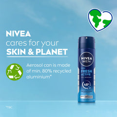NIVEA MEN Antibacterial Deodorant Spray for Men, Fresh Active, 48H Active Protection, with Infini Fresh Formula, Long-Lasting Freshness, 2x150ml, Dual Pack