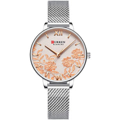 CURREN 9065 Elegant Exquisite Casual Business Quartz Women Watch Sakura Flower Embossed Simple Wrist Watch 3ATM Waterproof Wristwatch for Ladies with Metal Mesh Strap Band