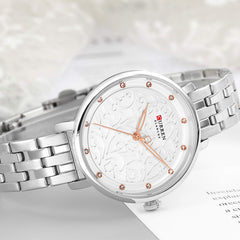 CURREN 9046 Quartz Women Wristwatch Carved Flower Embroidered Style Watch for Ladies Womens Watches with Leatherette PU Strap Stainless Steel Band Waterproof Wearable Accessories