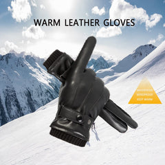 Gloves Winter, Men's Winter Warm Touchscreen Leather Gloves Adjustable Thermal Driving PU Leather Gloves - Black