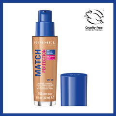 Rimmel Match Perfection Foundation 102 Light Nude, Medium Coverage, 24hr Hydration, No Caking or Creasing, Lightweight, Reduces Imperfections, Invisible Coverage, SPF20, Cruelty Free