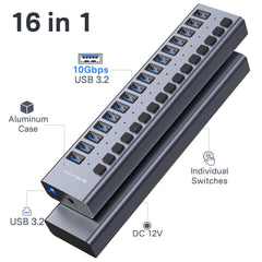ACASIS Powered 16 Ports USB 3.2 Hub, 10Gbps Data Transfer, 96W Adapter