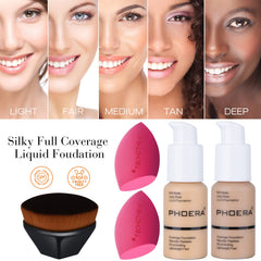 NightGhost Makeup Kit for Women Included 2 Phoera Foundation SPF 20+ 30ml Matte Oil Control, 2 Kabuki Makeup Brushes, Phoera Primer, Powder Foundation, 2 Makeup Sponges (101 Porcelain + 102 Nude)