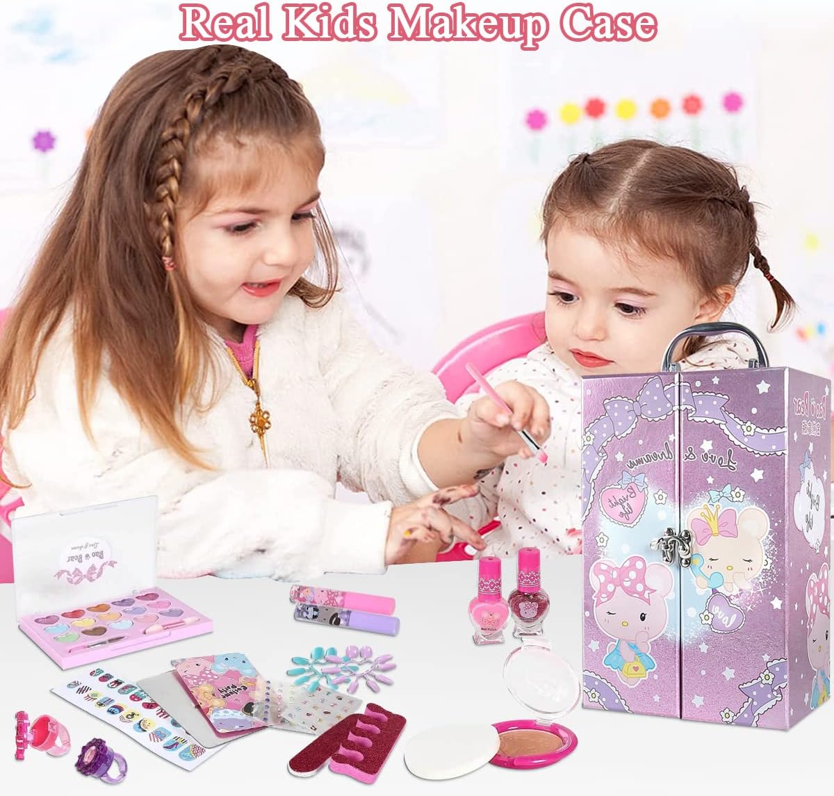 Kids Makeup Kit for Girl, Washable Real Makeup Box with Lipsticks Brus