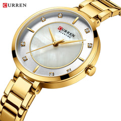 CURREN Ladies Analog Watch Gold Stainless Steel Case White & Silver Dial Gold Stainless Steel Bracelet