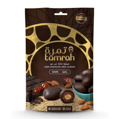 Tamrah Dark Chocolate Dates & Almonds, Pure Dark Chocolate, Crunchy Almonds stuffed inside Premium Dates, Desert, Chocolate Snack in a Convenient 250 grams Zipper Bag