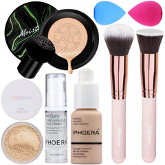 PHOERA Foundation Full Coverage Makeup, Mushroom Head Air Cushion CC Cream Natural Foundation, PHOERA Primer, PHOERA Powder, Brushes Foundation Brush,2 Makeup Sponge (101 Porcelain + 02Natural CC)