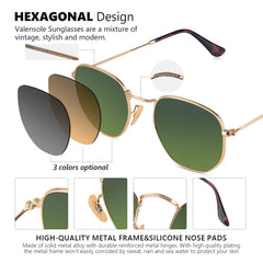 Valensole Sunglasses Metal frame Hexagonal Flat Glass Lens UV400 Protection for Driving Fishing Hiking Golf Outdoor Sport Glasses Sunglasses for Men Women