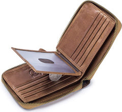 BULLCAPTAIN Mens Genuine Leather Zipper Wallet RFID Blocking Bifold Secure Zip Around Wallets Multi Credit Card Holder Purse, Handmad Brown, S, Rfid Wallet