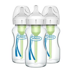 Dr. Brown's Natural Flow® Anti-Colic Options+™ Wide-Neck Glass Baby Bottles 9 oz/270 mL, with Level 1 Slow Flow, 3 Pack, 0m+