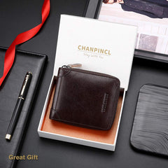CHANPINCL Mens Genuine Leather Zipper Wallet RFID Secure Large Capacity Double Fold Multi-card Leather Wallets for Men and coin purse (Vegetable tanned leather bronw)