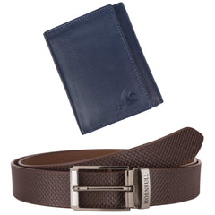 HORNBULL Trifold Genuine Leather Wallet, Up To 44 Inch of Waist, Casual - BW6997(Navy Wallet+Brown Belt)