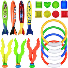 Brandless Underwater Diving Pool Toys Kit Diving Torpedo Bandits Diving Rings Gemstones Diving Ball Streamers Sinking Seaweed Diving Toys Swimming Pool Toys For Kids Boys Girls- 19PCS