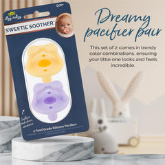 Itzy Ritzy Sweetie Soother Pacifier Set of 2 - Silicone Newborn Pacifiers with Collapsible Handle & Two Air Holes for Added Safety; Set of 2 in Daffodil/Purple Diamond, Ages Newborn & Up