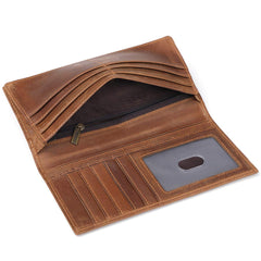 JEEBURYEE Men's Vintage Genuine Leather Long Bifold Wallet RFID Blocking Card Holder, Brown, L