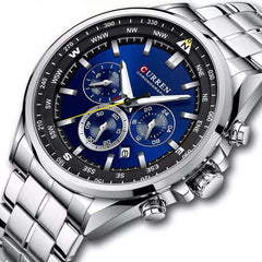 CURREN 8399 Men's Watches Fashion Sporty Wristwatches Male Chronograph Quartz Stainless Steel Clock with Luminous Hands - Band Silver Blue