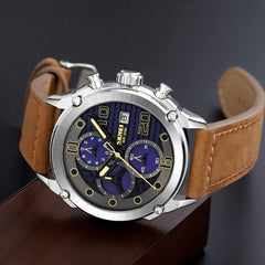 SKMEI Men's Watch Leather Strap Luxury Waterproof Fashion Business Analog Quartz Chronograph Father Gift Black Watch, 2051 - Silver Dark Brown