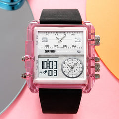SKMEI Men's Square Watch, LED Backlight Large Screen Multi-Time Zone Men's Watch, Waterproof Analog Men's Digital Sports Watch, 2020 - Pink Transparent