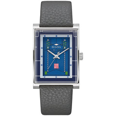 Bulova Frank Lloyd Wright Robie House Stainless Steel 3-Hand Quartz Watch, Gray Leather Strap Style: 96A287, Silver-Tone and Blue