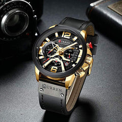 CURREN Watches Men Quartz Leather Chronograph Watch and Fashion Bracelet Set Blue Watches for Men Luxury Wristwatch Gifts (Gold)