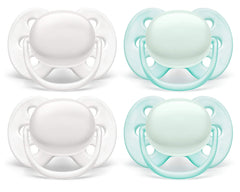 AVENT Philips Ultra Soft Pacifier, 0-6 Months, Arctic White/Green, 4 Pack, SCF214/40