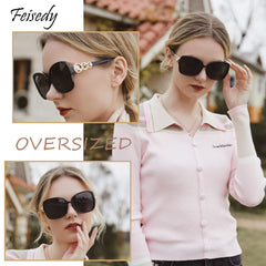 FEISEDY Women's Fashion Sunglasses, Oversized Square Frame with Pearl Sparkling, Polarized UV Protection B2821