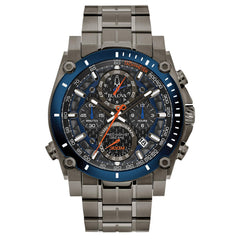 Bulova Men's Icon High Precision Quartz Chronograph Watch, Curved Mineral Crystal, 300m Water Resistant, Continuous Sweeping Secondhand, Luminous Markers - Grey Ion Plated/Blue and Orange Accents