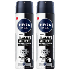 NIVEA MEN Black & White Invisible Antiperspirant Deodorant Spray, Original, 72H Active Protection, 5IN1, Anti-Odour, Sweat, Stains, Residues & Irritation, 2x150ml