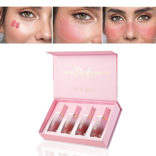 Mousse Liquid Blush For Cheeks Cream Face Blusher Set Stick with Sponge Palette Bronzer Highlighter Shape Contour Moisturizing And Breathable Matte Finish Long-wearing Waterproof For Women Makeup(A)