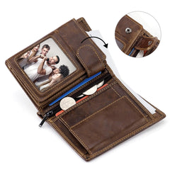 HAWEE Trifold Billfold RFID Blocking Cowhide Leather Wallet for Men 10 Card Slots 2 ID Windows with Coin Pocket - Coffee