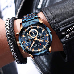 CURREN Business Quartz Men Watch 3ATM Waterproof Large Case Big Dial Luminous Wrist Watch Calendar Minute Second Chronograph 24-Hours Three Sub-Dials Wristwatch with Alloy Strap Band