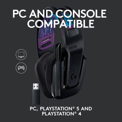 Logitech G535 Lightspeed Wireless Gaming Headset - Lightweight on-ear headphones, flip to mute mic, stereo, compatible with PC, PS4, PS5, USB rechargeable - Black
