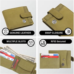 HAMMONDS FLYCATCHER Genuine Leather Wallet for Men - RFID Protected Leather Purse for Men, Money Purse for Men - 5 Card Slots, Coin Pocket, Hidden Pockets, Metal Snap Button - Moss Green