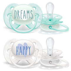 AVENT Philips Ultra Soft Pacifier 0-6 Months, Dreams and Happy Designs, 4 Pack, White/Green, SCF222/43