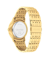 CALVIN KLEIN UNISEX'S BLUE DIAL IONIC PLATED THIN GOLD STEEL BRACELET WATCH - 25300007