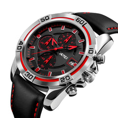Skmei Sports Mens Watches, Chronograph And Date Wristwatches For Men,30 Meters Waterproof Soft Black Leather Strap Military Watch - Red/Black