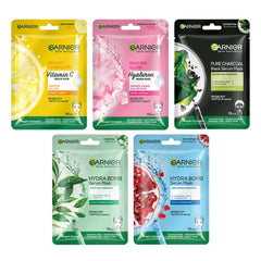 Garnier Face Serum Sheet Mask, 154 g (Light Complete, Sakura White, Charcoal, Hydrabomb Blue) - Combo Pack of 5