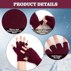 Fingerless Gloves for Women Men Winter Fingerless Mittens for Women Men Warm Knitted Gloves Typing Half Finger Gloves - Wine Red