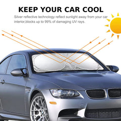 ECVV Car Windshield Sun Shade with Storage Pouch Foldable Front Window Reflective Sunshade Blocks UV Rays Sun Heat Visor Protector, Keep Vehicle Cool 150x72cm, Black&Silver