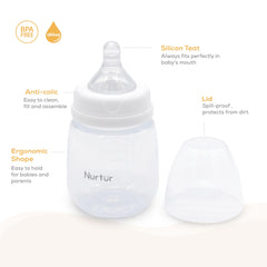 Nurtur Baby Feeding Bottle, 6oz, 0+ Months, Pack of 1, 180ml, BPA Free, Silicon Teat, White