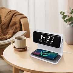 NALACAL Wireless Charging Alarm Clock 15W Max for Heavy Sleepers Digital Clock with Date and Temperature Night Light Desk Clock with Phone Charger Electronic LED Display for Office Bedroom Livingroom
